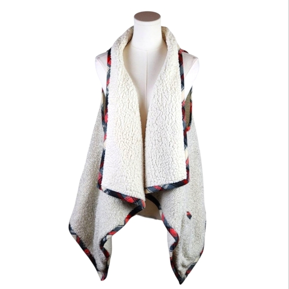 See and Be Seen Sherpa Fleece Vest M/L Plaid Trim Cozy Open Front Layering - Picture 1 of 6